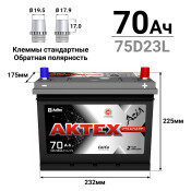 Аккумулятор АкТех Standart Asia 75D23L (6СТ- 70VL/65-3-R), 70Ач, ССА 550А, необслуживаемый Аккумулятор АкТех Standart Asia 75D23L (6СТ- 70VL/65-3-R), 70Ач, ССА 550А, необслуживаемый