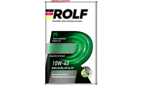 Масло моторное Rolf Energy 10w40, полусинтетическое, API SL/CF, ACEA A3/B4, универсальное, 1л, арт. 322232