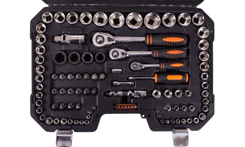 Набор инструментов Кратон TS-22, под размеры 1/2", 1/4" и 3/8", комплект 120 предметов, арт. 2 28 09 022