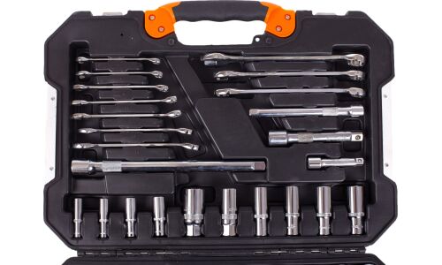 Набор инструментов Кратон TS-22, под размеры 1/2", 1/4" и 3/8", комплект 120 предметов, арт. 2 28 09 022