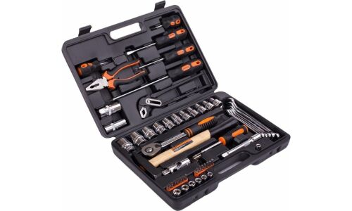 Набор инструментов Кратон, с трещоткой, под размеры 1/2, 1/4", комплект 58 предметов, арт. 2 28 09 009