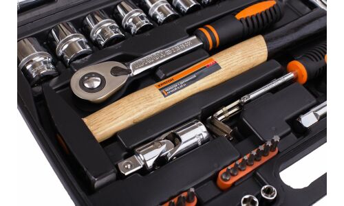 Набор инструментов Кратон, с трещоткой, под размеры 1/2, 1/4", комплект 58 предметов, арт. 2 28 09 009