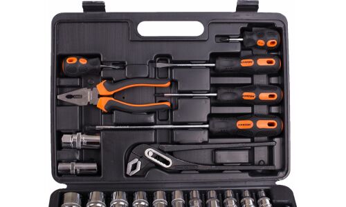 Набор инструментов Кратон, с трещоткой, под размеры 1/2, 1/4", комплект 58 предметов, арт. 2 28 09 009