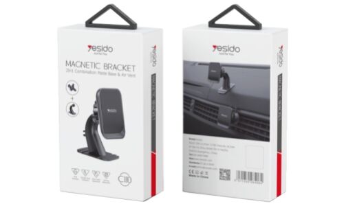 Держатель для телефона YESIDO Magnetic Holder, прямоугольный, магнитный, 2 в 1 (липучка на торпедо и прищепка на дефлектор), чёрный, арт. C110