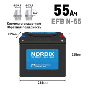 Аккумулятор Nordix N-55/70B24L, 55Ач, CCA 460А, необслуживаемый, технология EFB (стандартные клеммы) (Китай)