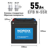 Аккумулятор Nordix N-55R/70B24R, 55Ач, CCA 460А, необслуживаемый, технология EFB (стандартные клеммы) (Китай) Аккумулятор Nordix N-55R/70B24R, 55Ач, CCA 460А, необслуживаемый, технология EFB (стандартные клеммы) (Китай)