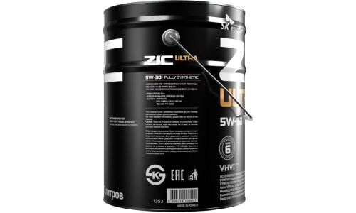 Масло моторное ZIC Ultra 5w30, синтетическое, API CK-4/CJ-4, ACEA E4/E6/E7/E8/E9/E11, JASO DL-0/DH-1/DH-2, для дизельного двигателя, 20л, арт. 192693