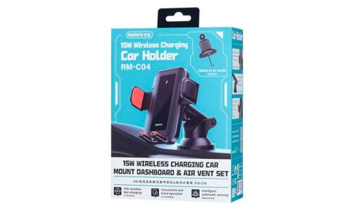 Держатель для телефона Remax Wireless Charging Car Holder, 2в1 (присоска и прищепка на дефлектор), с функцией беспроводной зарядки 15Вт, черный, арт. RM-C31