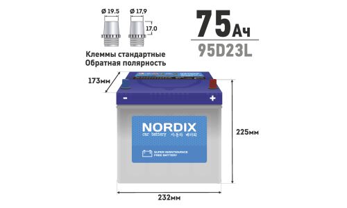 Аккумулятор Nordix 95D23L, 75Ач, CCA 650А, необслуживаемый (Китай) (распродажа 2024г)