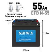 Аккумулятор Nordix N-55/70B24L, 55Ач, CCA 460А, необслуживаемый, технология EFB Аккумулятор Nordix N-55/70B24L, 55Ач, CCA 460А, необслуживаемый, технология EFB