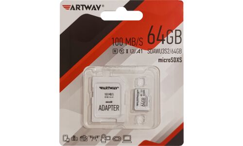 Карта памяти Artway microSDXS, 64Гб, класс 10, 100Мб/с, арт. SDAWU3S2/64GB