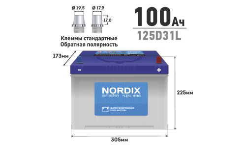 Аккумулятор Nordix 125D31L, 100Ач, CCA 830А, необслуживаемый (Китай) (распродажа 2025г, без упаковки)