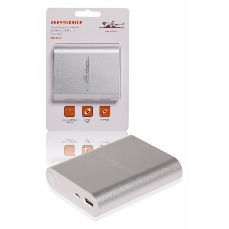 

Аккумулятор внешний универсальный 6000мАч: USB 5V 2.1A AIRLINE APB0602