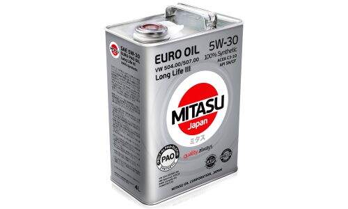 Масло моторное Mitasu Euro Oil PAO Long Life III 5w30, синтетическое, API SN/CF, ACEA C3, универсальное, 4л, арт. MJ-210/4