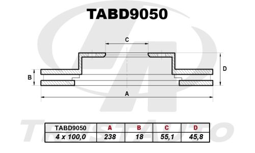 Диск тормозной TA, передний, правый/левый, 1 шт, арт. TABD9050