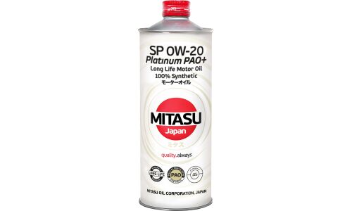 Масло моторное Mitasu Platinum PAO+ 0w20, синтетическое, API SP/CF, ACEA C5, универсальное, 1л, арт. MJ-110/1