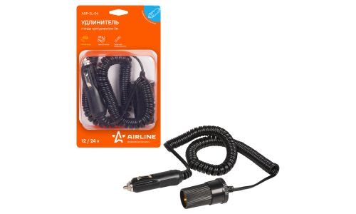Удлинитель прикуривателя Airline 12/24В, 1 гнездо (5А), 60Вт, кабель 3м, черный, с витым шнуром, арт. ASP-3L-06