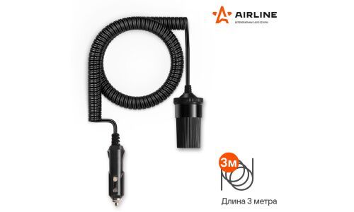 Удлинитель прикуривателя Airline 12/24В, 1 гнездо (5А), 60Вт, кабель 3м, черный, с витым шнуром, арт. ASP-3L-06