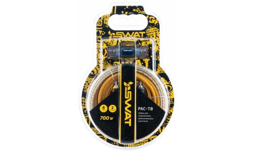 Комплект проводов для 2-канального усилителя SWAT PAC-T8, силовой (8AWG), акустический (16AWG), управляющий (18AWG) и межблочный кабели, держатель с предохранителем Mini ANL 60А, клеммы (8AWG)