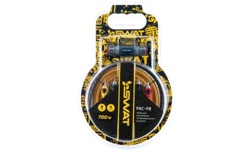 Комплект проводов для 4-канального усилителя SWAT PAC-F8, силовой (8AWG), акустический (16AWG), управляющий (18AWG) и межблочные кабели, держатель с предохранителем Mini ANL 60А, клеммы (8AWG)