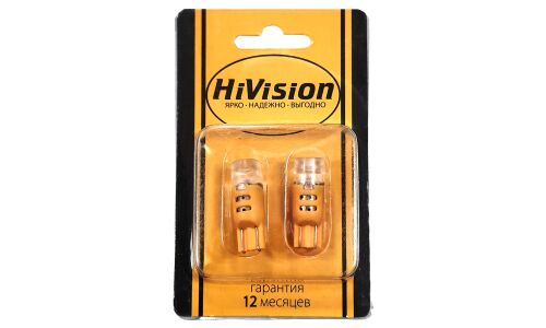 Лампа светодиодная HiVision WY5W (W2.1x9.5d, T10), 12В, 3Вт (соответствует 5Вт), оранжевая, комплект 2 шт