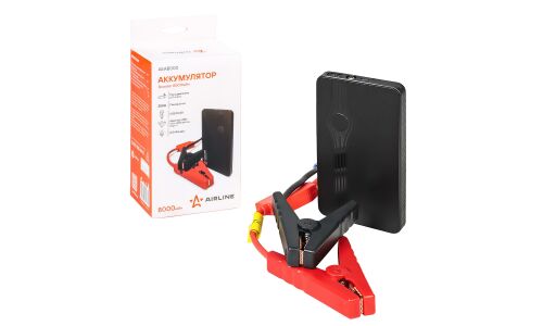 Портативное пусковое устройство Airline, с функцией Power Bank, 8000мАч, 12В, ток пуска 200А, 1хUSB порт, с фонариком, с проводами для зарядки, арт. AEAB000