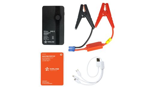 Портативное пусковое устройство Airline, с функцией Power Bank, 8000мАч, 12В, ток пуска 200А, 1хUSB порт, с фонариком, с проводами для зарядки, арт. AEAB000
