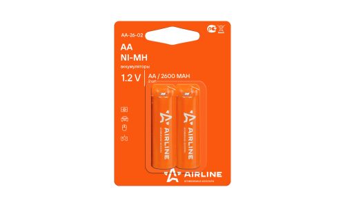 Батарея аккумуляторная Airline, AA (HR6) никель-металлогидридная, 2600мАч, 1.2В, 2 шт, арт. AA-26-02