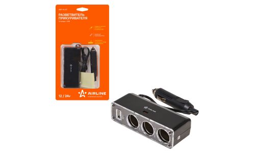 Разветвитель прикуривателя Airline 12/24В, 3 гнезда, 1xUSB (5В, 0.5А), 60Вт, кабель 60см, черный, арт. ASP-3U-07
