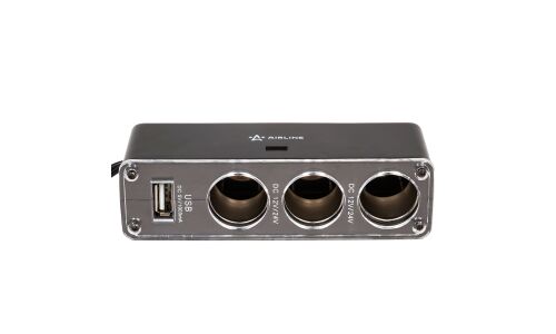 Разветвитель прикуривателя Airline 12/24В, 3 гнезда, 1xUSB (5В, 0.5А), 60Вт, кабель 60см, черный, арт. ASP-3U-07