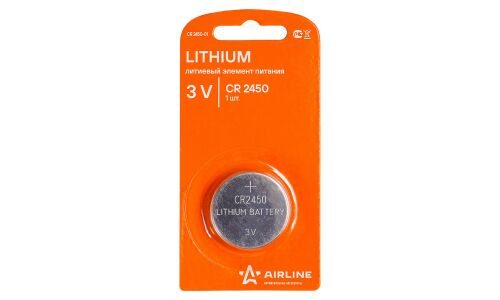 Батарейка литиевая Airline, CR2450 (Ø24.0x5.0мм), 3В, 1 шт, арт. CR2450-01