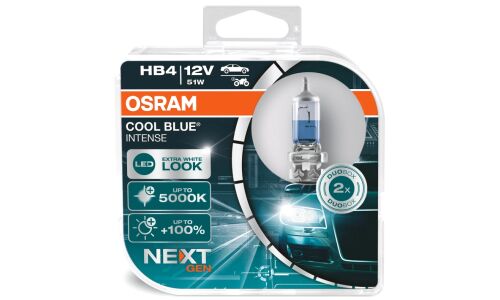 Лампа галогенная Osram Cool Blue Intense (Next Gen) HB4(9006) (P22d,T12), 12В, 51Вт, 5000К, комплект 2 шт, арт. 9006CBNHCB