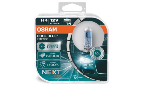 Лампа галогенная Osram Cool Blue Intense (Next Gen) H4 (P43t, T16), 12В, 60/55Вт, 5000К, комплект 2 шт, арт. 64193CBNHCB
