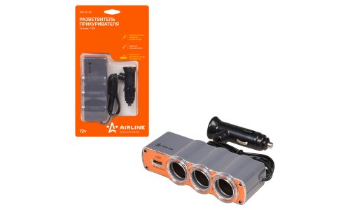 Разветвитель прикуривателя Airline 12В, 3 гнезда, 1xUSB (5В, 0.5А), 60Вт, кабель 60см, оранжевый, арт. ASP-3U-03