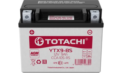 Аккумулятор для мото Totachi YTX9-BS, AGM, 9Ач, CCA 105–115A, необслуживаемый, арт. 90029
