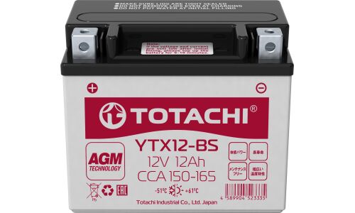 Аккумулятор для мото Totachi YTX12-BS, AGM, 12Ач, CCA 150–165A, необслуживаемый, арт. 90012