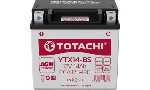 Аккумулятор для мото Totachi YTX14-BS, AGM, 14Ач, CCA 175–190A, необслуживаемый, арт. 90214