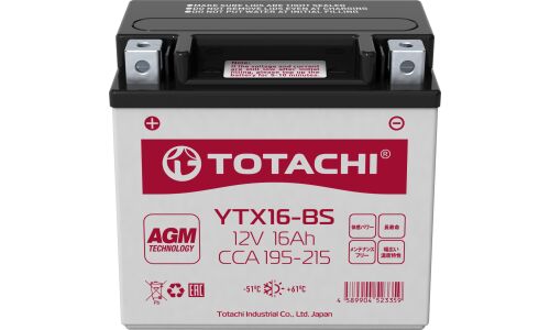 Аккумулятор для мото Totachi YTX16-BS, AGM, 16Ач, CCA 195–215A, необслуживаемый, арт. 90016