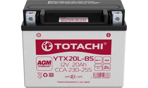 Аккумулятор для мото Totachi YTX20L-BS, AGM, 20Ач, CCA 230–255A, необслуживаемый, арт. 90020