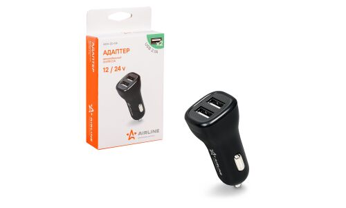 Зарядное устройство в прикуриватель Airline, 12/24В, 2хUSB (5В, 2.1А), чёрное, арт. ACH-2U-04