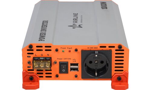 Инвертор напряжения Airline, 24В(DC)→220В(AC), 50Гц, 1000Вт, (+2xUSB 5В), арт. API-1000-06