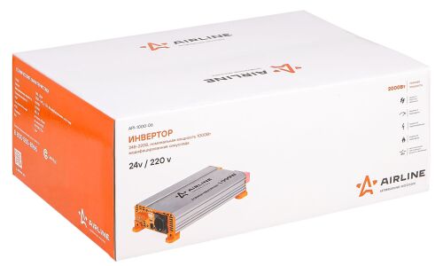 Инвертор напряжения Airline, 24В(DC)→220В(AC), 50Гц, 1000Вт, (+2xUSB 5В), арт. API-1000-06