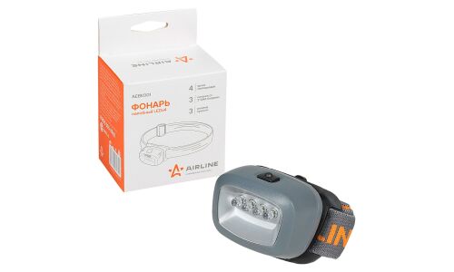 Фонарь налобный Airline, на батарейках 3хAAA, 3 режима, LEDx4, арт. AEBK001