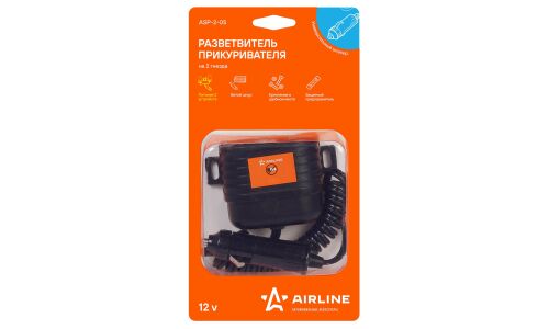 Разветвитель прикуривателя Airline, 12/24В, 2 гнезда (5А), 60Вт, кабель 100см, арт. ASP-2-05