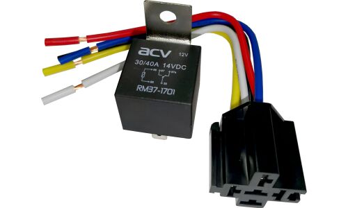 Реле автомобильное ACV RM37-1701, 12В(14В), 30/40А, 5-контактное, герметичный корпус, +колодка RM37-1702 в комплекте
