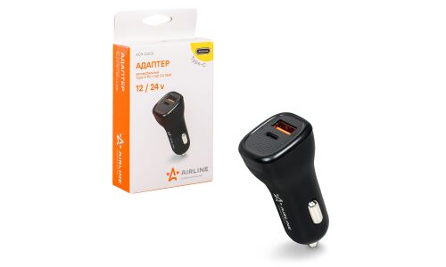 Зарядное устройство в прикуриватель Airline, 12/24В, 1xUSB (5В/3А, 9В/2А, 12В/1.5А), 1xUSB Type-C (5В/3А, 9В/2А, 12В/2А), 36Вт, с функциями Power Delivery и Quick Charge, арт. ACH-CQC3