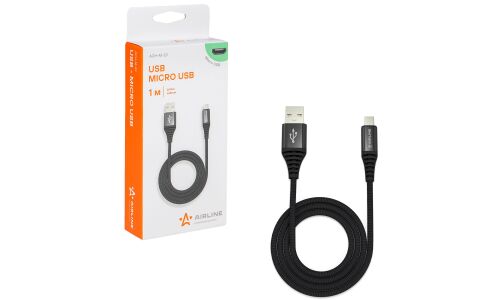 Кабель для мобильных устройств Airline, с USB на MicroUSB, 1м, чёрный, нейлоновый, арт. ACH-M-23