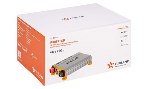 Инвертор напряжения Airline, 24В(DC)→220В(AC), 50Гц, 1500Вт, (+2xUSB 5В), арт. API-1500-10