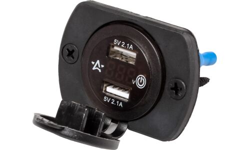 Розетка встраиваемая Airline, 12/24В, 2хUSB (5В, 2.1А), влагозащитная, с вольтметром, арт. AEBJ203