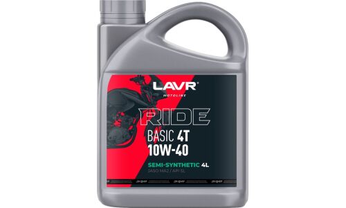 Масло для мотоциклов Lavr Motoline Ride Basic 4T 10w40, полусинтетическое, API SL, JASO MA2, 4-тактное, 4л, арт. Ln7750
